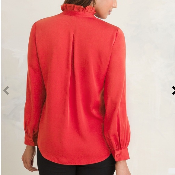Chicos Size 2 Large Sandwashed Satin Ruffle Blouse Orange Red Lace Up Blouse Top - Picture 13 of 13